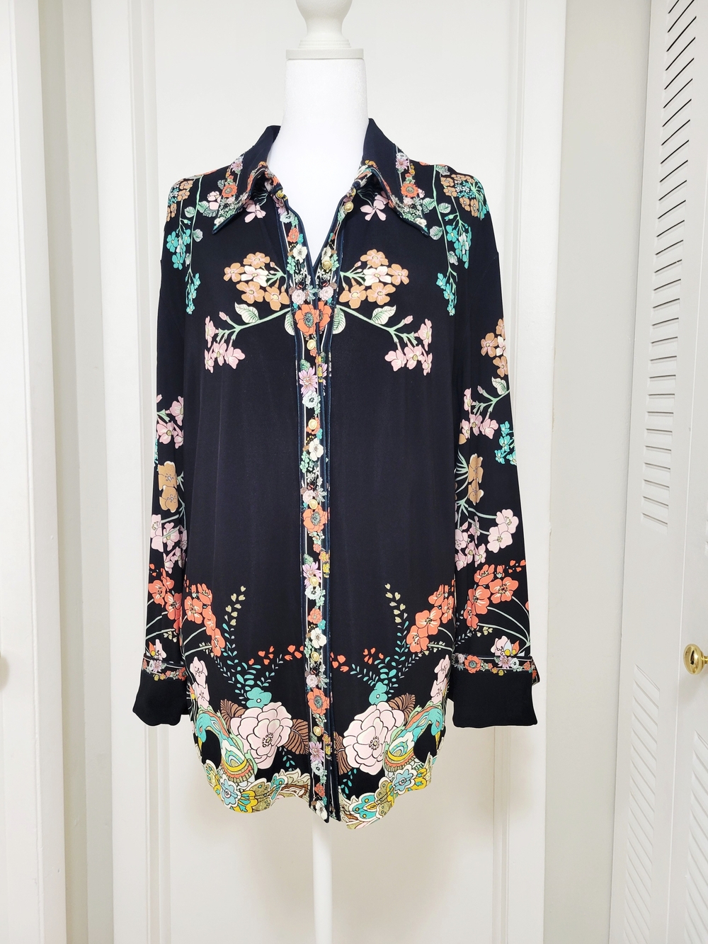 Camilla Fitted Jersey Button-Down Shirt with Coral & Mint Accents